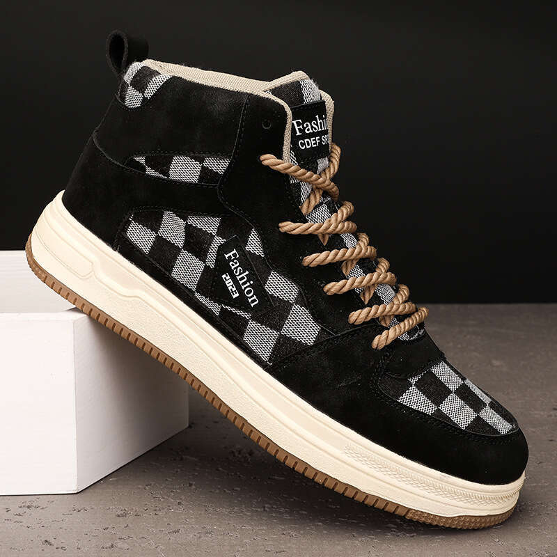 Autumn Student High Top Board Lace up Plaid Sports Men's Large Casual Canvas Shoes