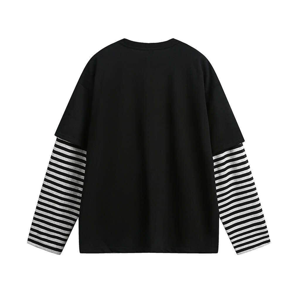 Hip Hop Rock Portrait Print Fake Two-Piece Long Sleeve T-Shirt Patchwork Striped Loose Top Spring Autumn Men's Street Fashion