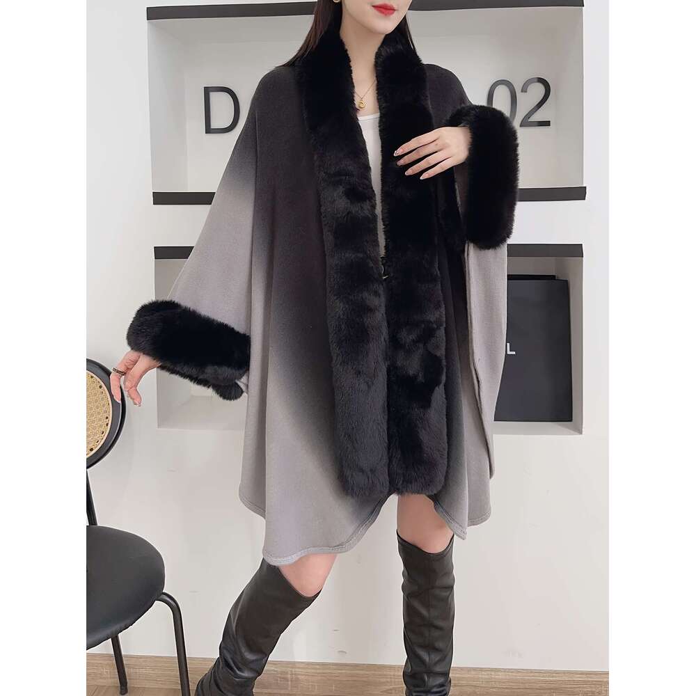 Women's Oversized Korean Fashion Winter - Collar Gradient Grey/Black Cape Cloak With Plush Trim, Wrap Shawl Mantle & Elegant Casual Or Formal Eve