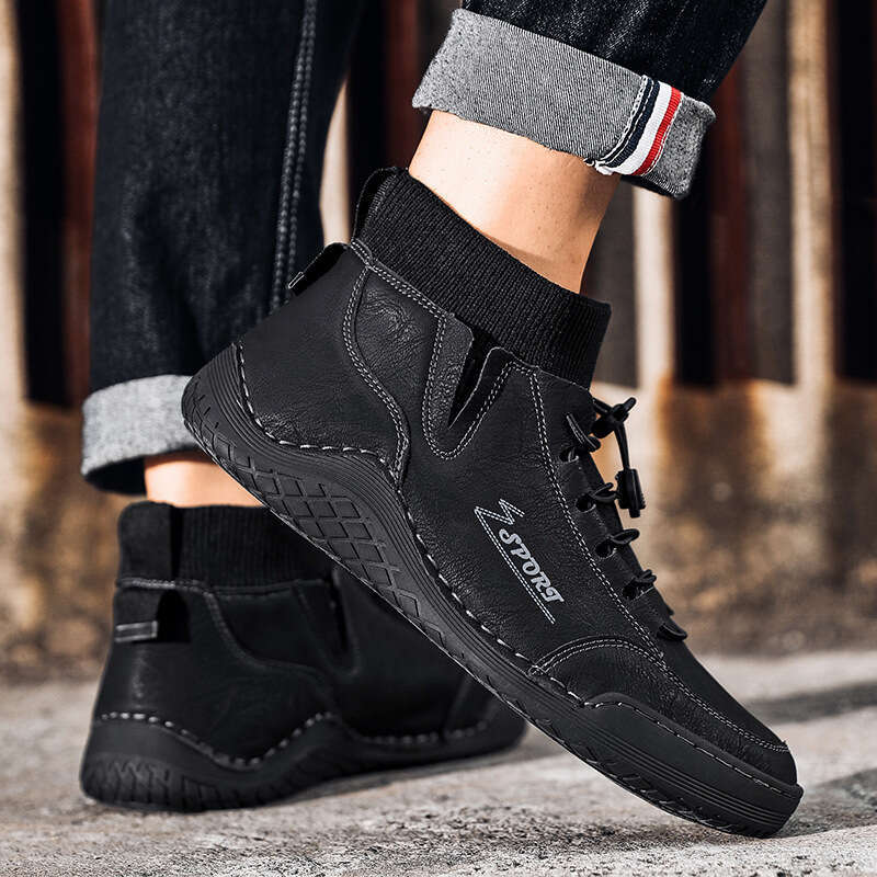 Large size winter plush Martin high top elastic band, warm cotton boots, men's casual leather shoes 9606