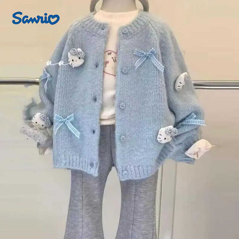 Sanrio Hello Kitty Kids Cardigan Girl Cartoon Kawaii Fashion Sweater Loose Bow Knit Coat Spring Autumn Clothes Girls Gift New H251105