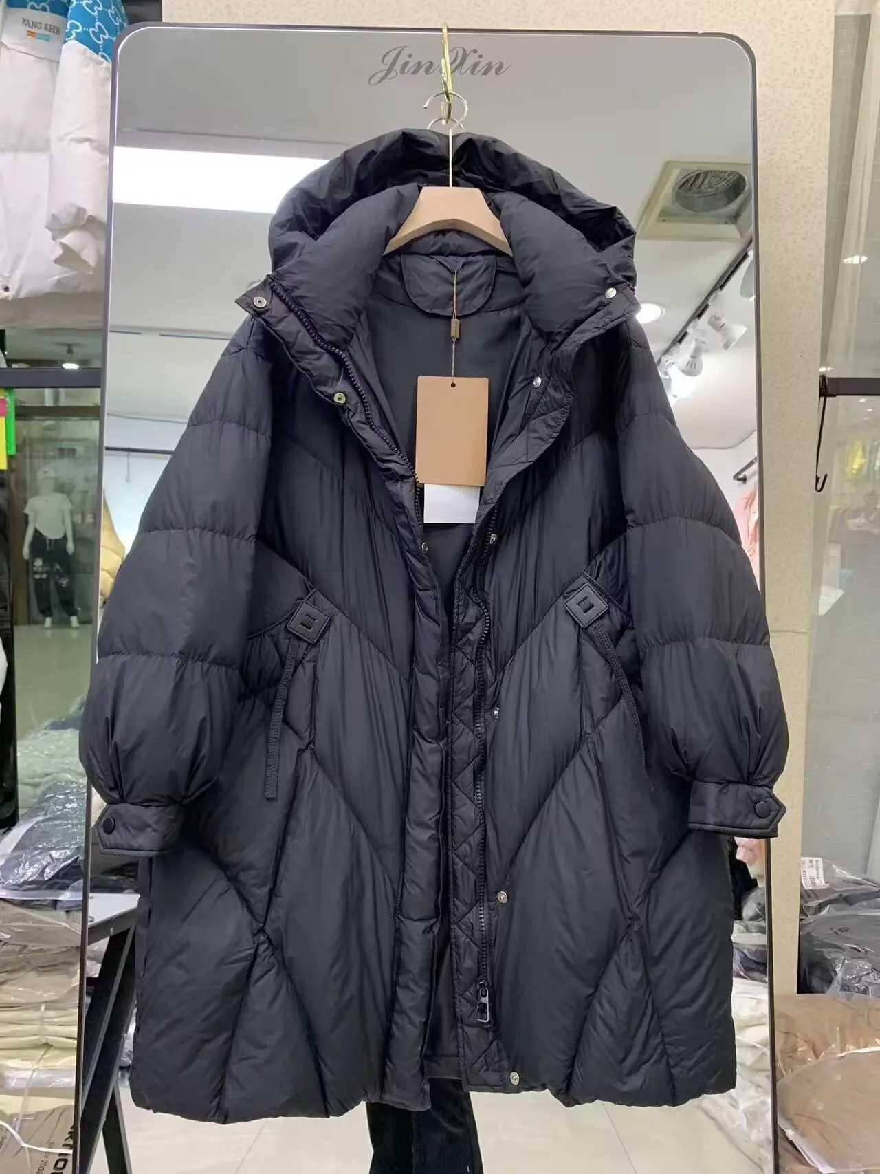 Winter Solid Hooded Mid Length Down Jacket Female Thicken Warm Puff Jackets Women White Duck Down Double Zipper Parker OutwearsT251105