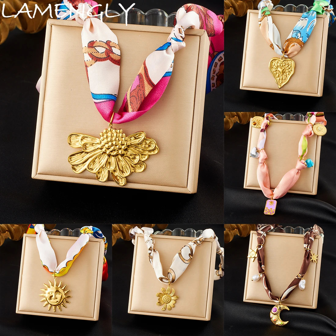 LAMENGLY 316L Stainless Steel Multicolour Ribbon Sun Moon Heart Flower Pendant Necklace Women Personalized Trend Neck Chain Gift 251031