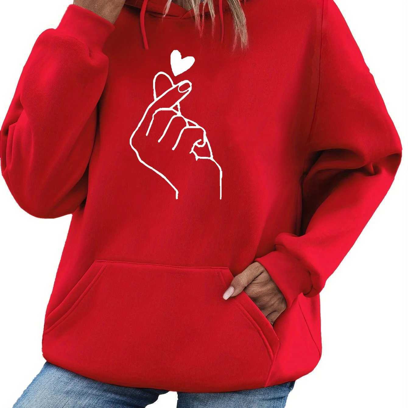 Womens autumn and winter warm and loose casual heart-shaped printed velvet long sleeved hooded sweatshirtT251105
