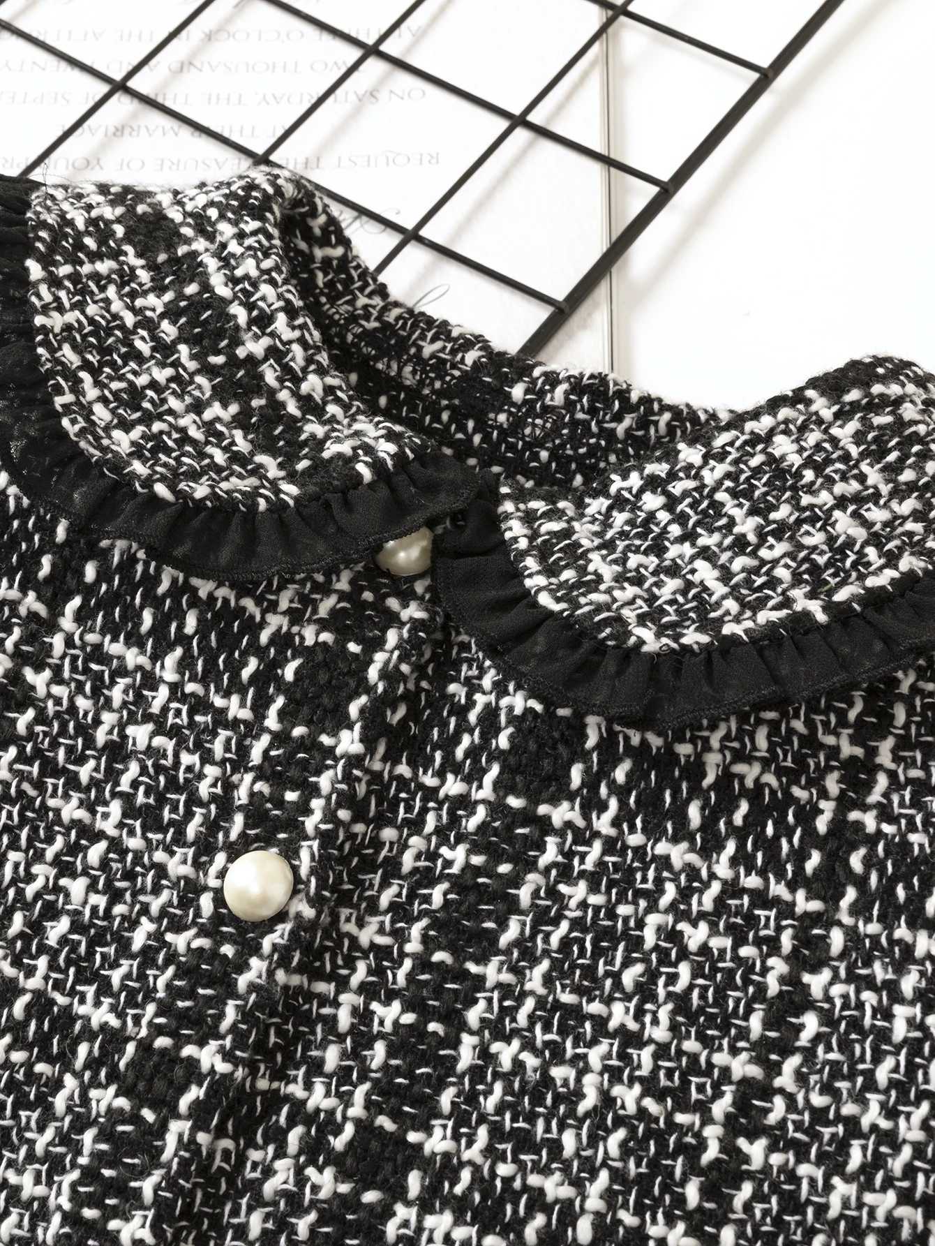 Fashionable plaid suit for girls - classic black and white color matching elegant lace collar jacket and A-line skirt Y251105