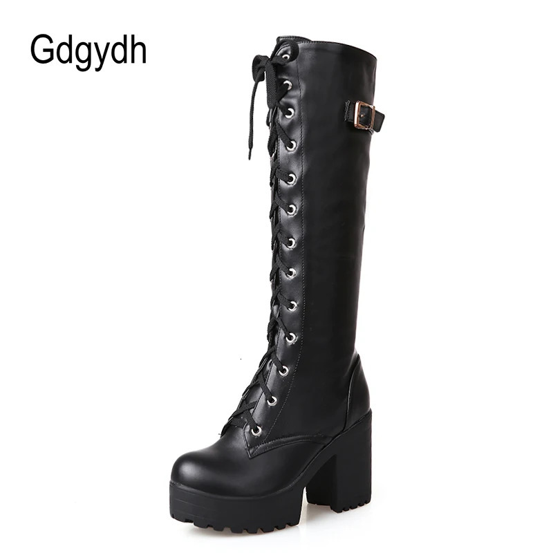 Gdgydh Spring Autumn Lacing Knee High Boots Women Fashion White Square Heel Woman Leather Shoes Winter PU Large Size 43 251031