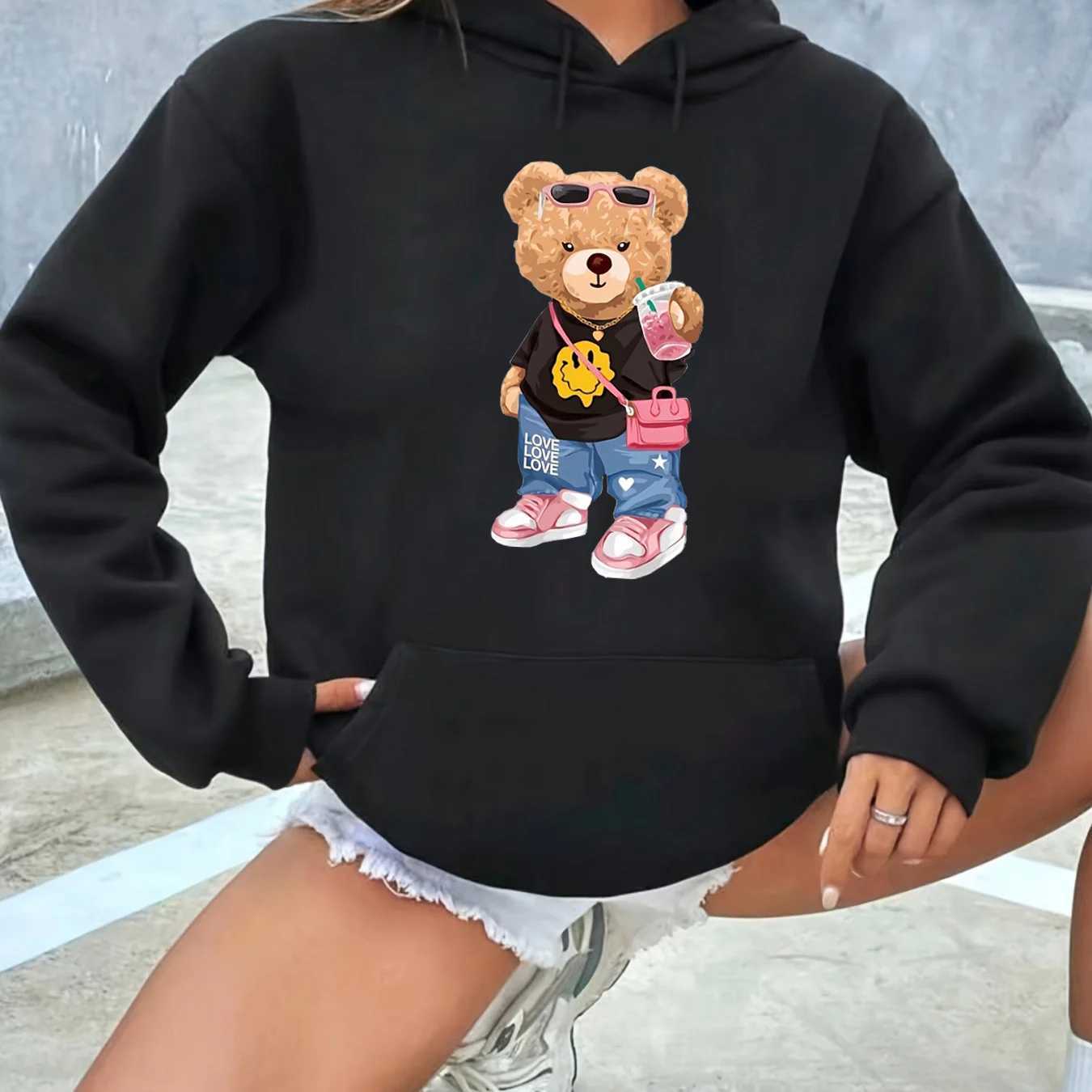 Womens autumn and winter fashion casual loose cartoon bear print round neck long sleeved drawstring hooded pulloverT251105