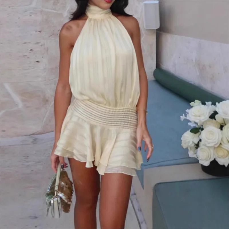 Elegant womens chiffon camisole mini dress for spring and summer 2025 sexy backless wrapped waist lace party vest 250403