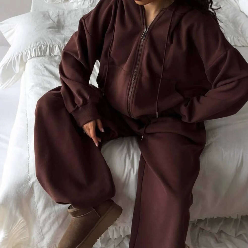 European American Fashion Casual Sleeve Hooded Sports Cardigan And Long Pants Two-Piece Set Women's Autumn Winter Cotton Sweatshirt B5