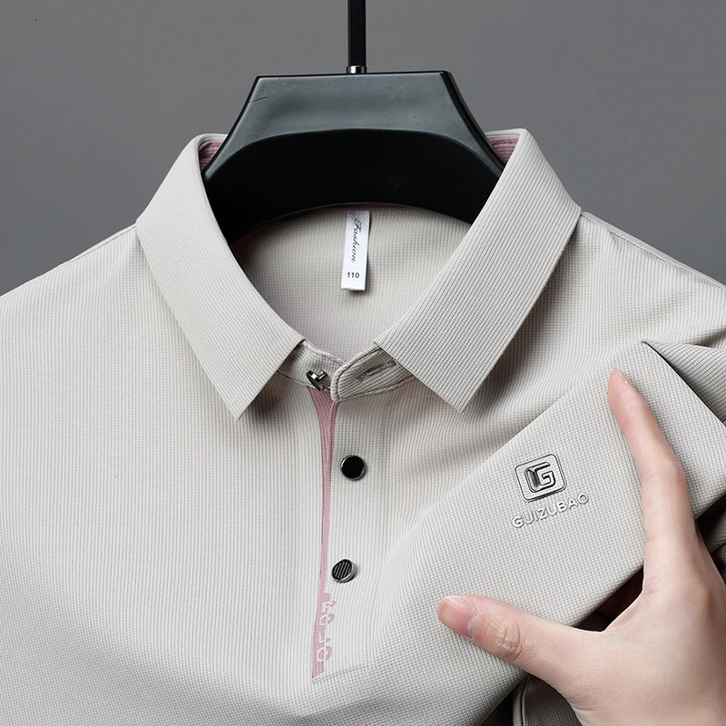 Mens high-end lapel polo shirt summer printed business fashionable ice silk short sleeved seamless top mens clothing 250401