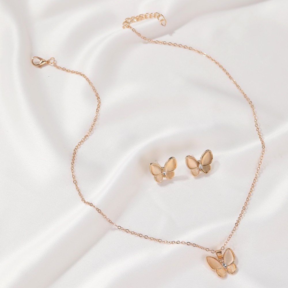 New Set Jewelry Simple Versatile Cat's Eye Stone Necklace Elegant White Mother-of-Pearl Butterfly Earrings