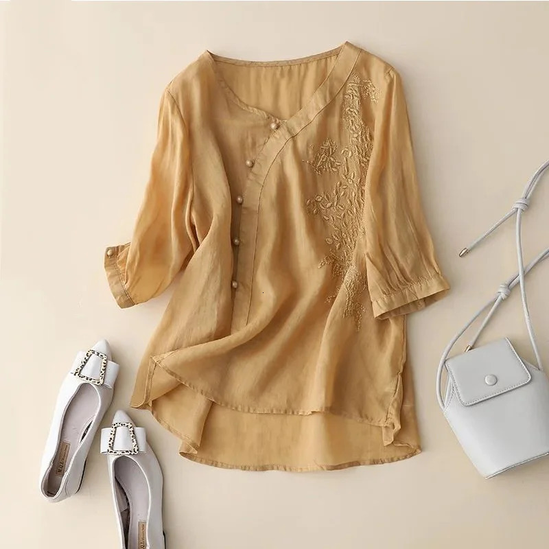 Summer Elegant Fashion Oversized High Waist Womens Shirt Solid Color Loose Cotton Linen Print V Neck Short Sleeve Y2K Chic Tops 250402