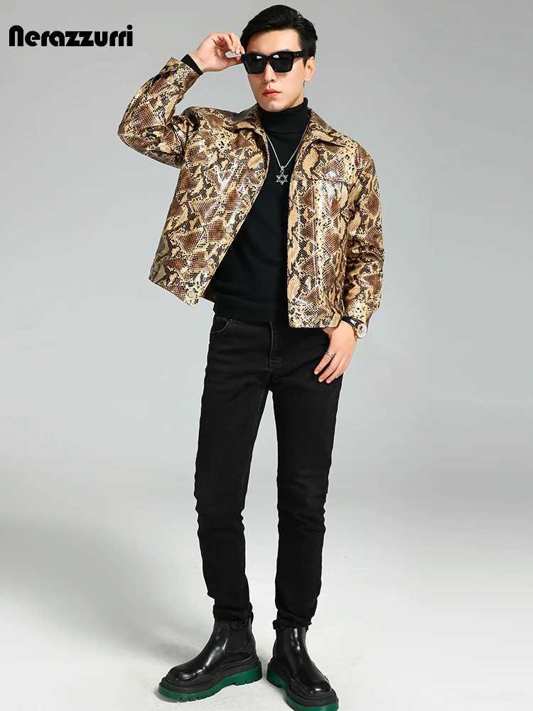 Nerazzurri Autumn Short Handsome Cool Colorful Snakeskin Print Pu Leather Jacket Men Luxury European Style Clothes 2023 EU Size C251105