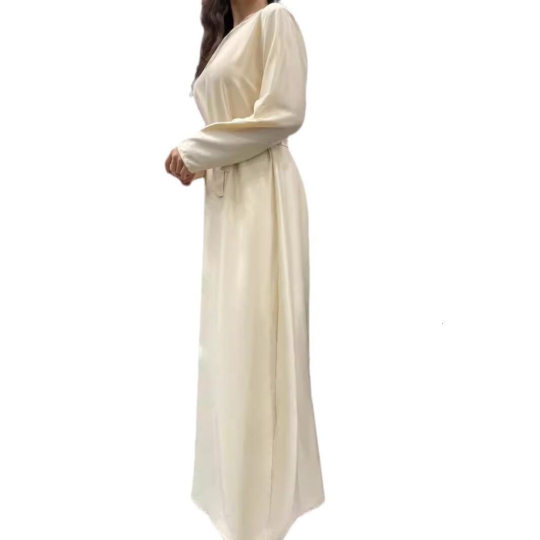 Autumn French Solid Color Interior Soft Satin Dress Dubai Home Reception Robe Abaya Maxi Dresses Islamic Clothing