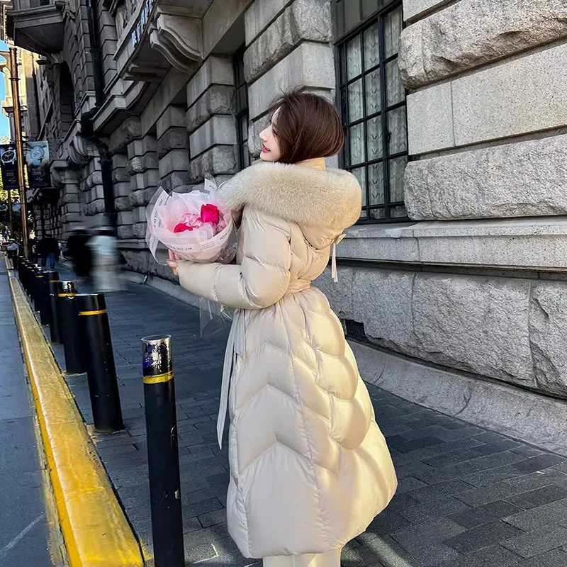 Winter Big Fur Collar Hooded Down Jacket Cotton Coat Women Long Parkas Thicken Warm Cotton-padded Jacket Coats Zipper OvercoatT251105