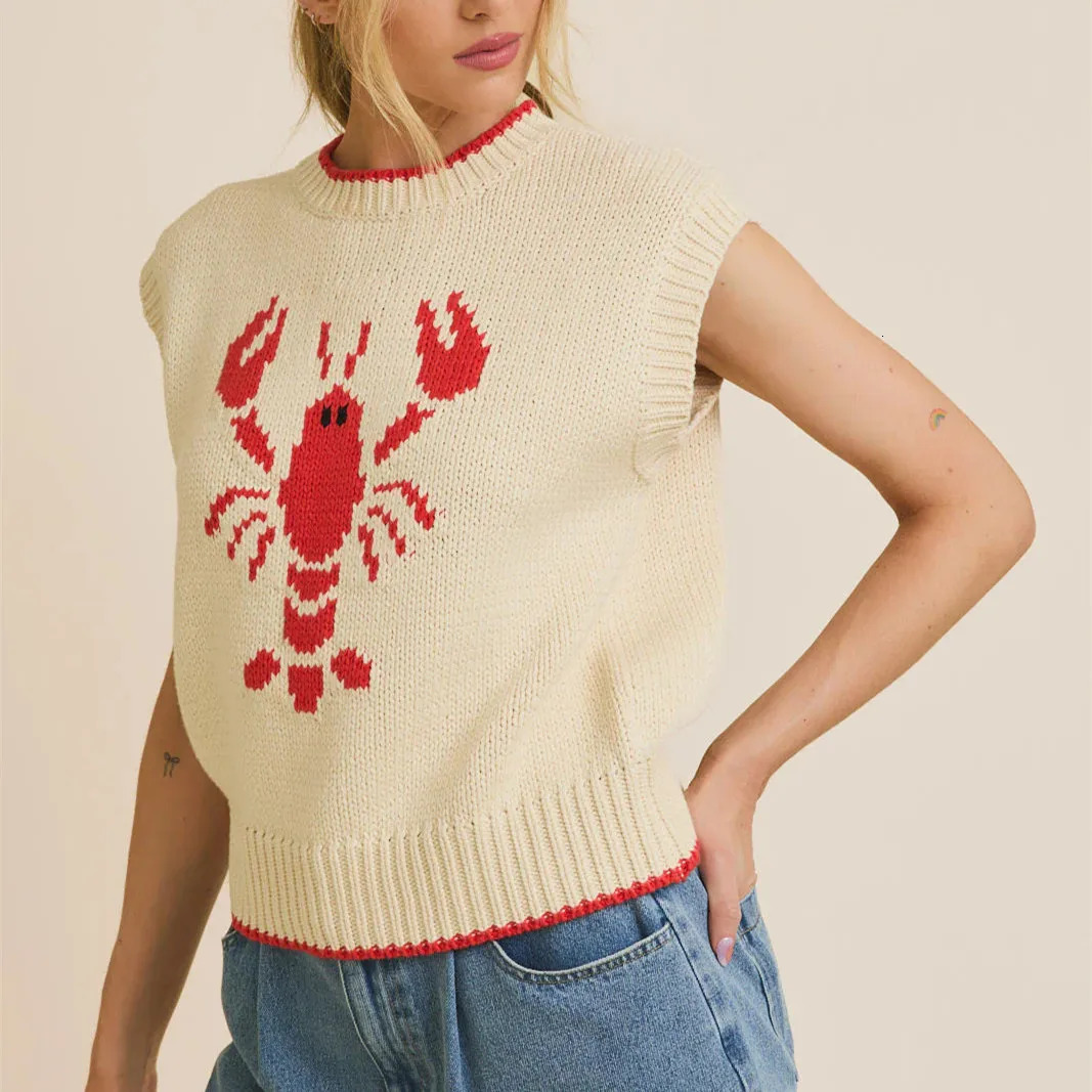 Womens Lobster Sweater Vest Y2k Cap Sleeve Tops Cute Graphic Knit Tank Tops Lightweight Pullover Sweaters Knitwear 251104