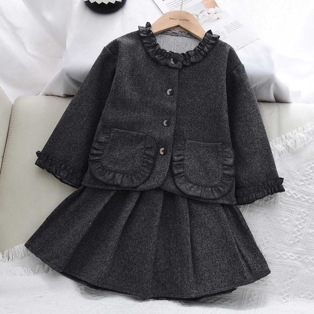 Korean Version Autumn Solid Color Girls Clothes Gray Long Sleeved Pocket JacketShort Skirt 3-7 Years Old Spring Childrens Set Y251105