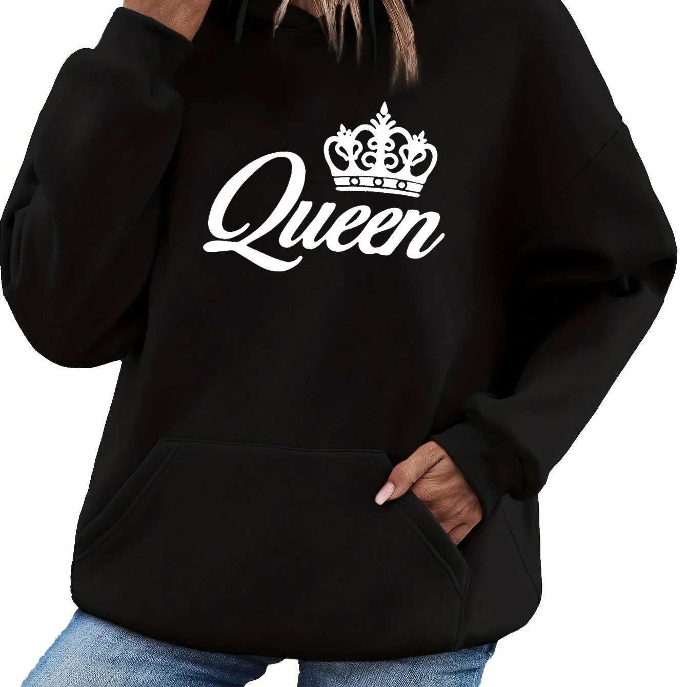 Womens autumn and winter fashionable casual loose Queen pattern printed round neck long sleeved drawstring hooded pulloverT251105