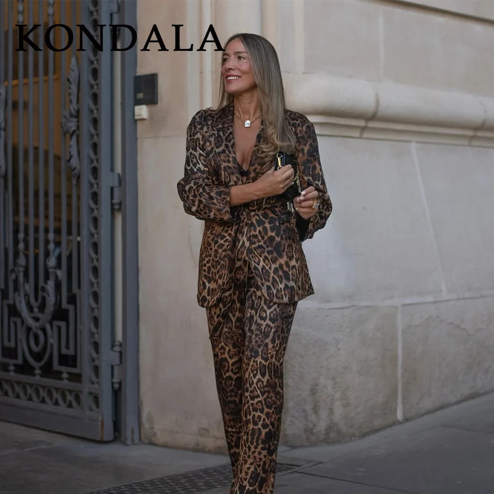 KONDALA Fall Winter Leopard Office Lady Suits Fashion Elegant Sashes Single Breasted Women Blazers Zip Up Straight Pants 251104