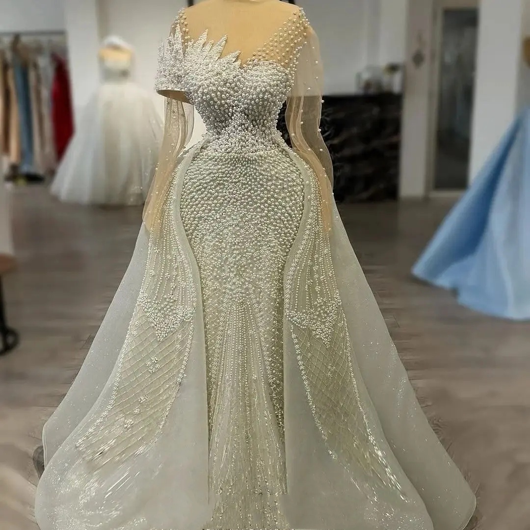 Vintage A Line Women Wedding Dress Sheer Neck Long Sleeves Bridal Gowns Pearls Sequins Detachable Train Dress Custom Made vestidos de novia