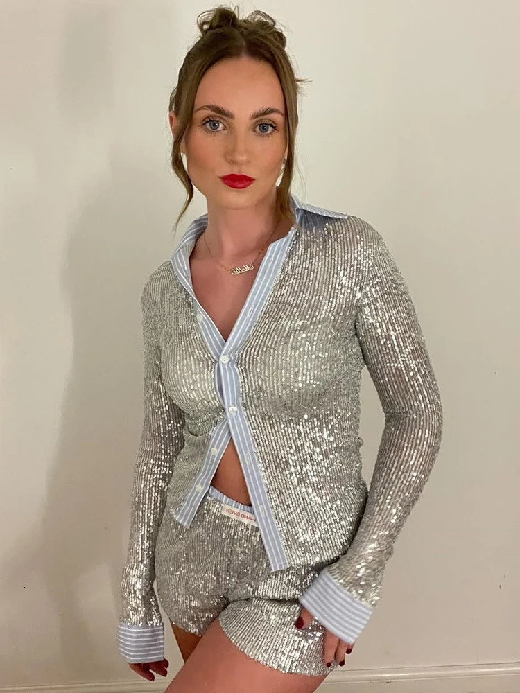 Mozision Silver Flash Shorts Set Womens Contrast Single breasted Shirt and Flash Shorts Two Piece Set Shorts Set 250402