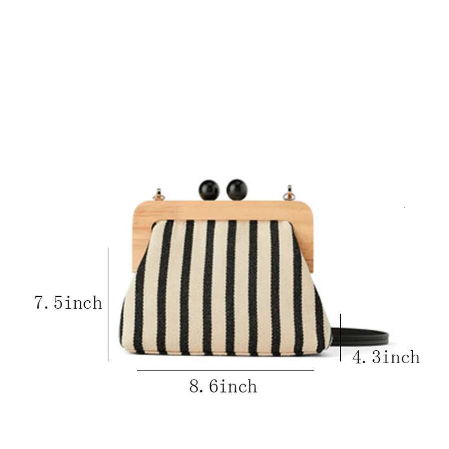 Retro Striped Wooden Clip Shell For Women Messenger Bag Canvas Bead Shoulder Crossbody Bags Ladies Clutch Purse Bolsa Mujer