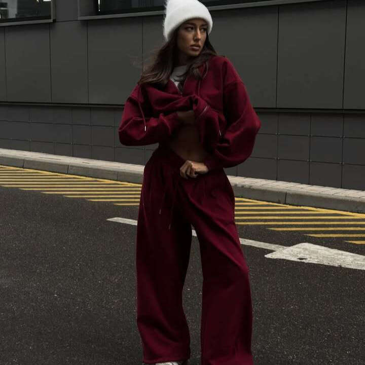 European American Fashion Casual Sleeve Hooded Sports Cardigan And Long Pants Two-Piece Set Women's Autumn Winter Cotton Sweatshirt B5