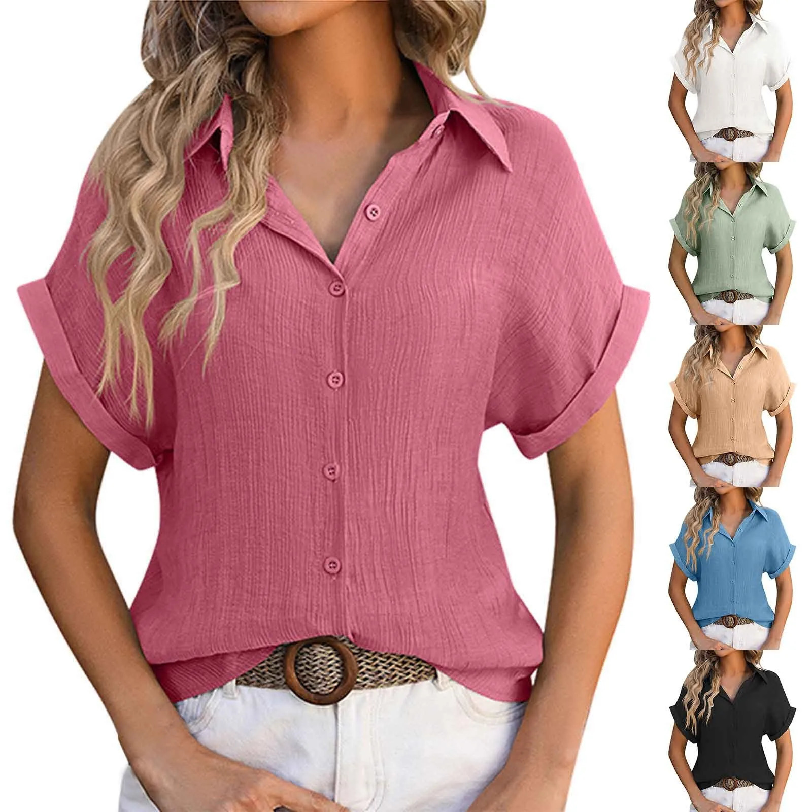 Summer Solid Color Shirts Women Cotton Linen Rolled Up Short Sleeve Slim Fit Tops Mujer Beach Style Leisure Buttons Up Blouse 250402