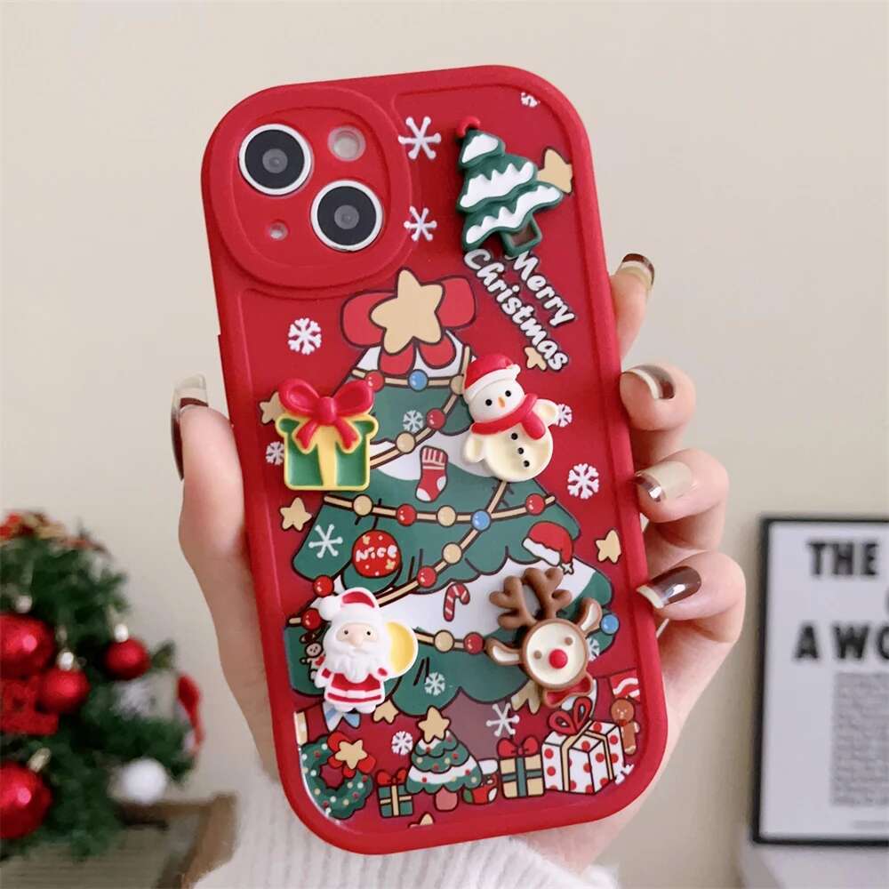 Cute Cartoon 3D Santa Claus Elk Snowman Christmas Tree Soft Case For iPhone 16 15 14 Pro Max 13 12 11 X XS XR 8 Plus Back Cover