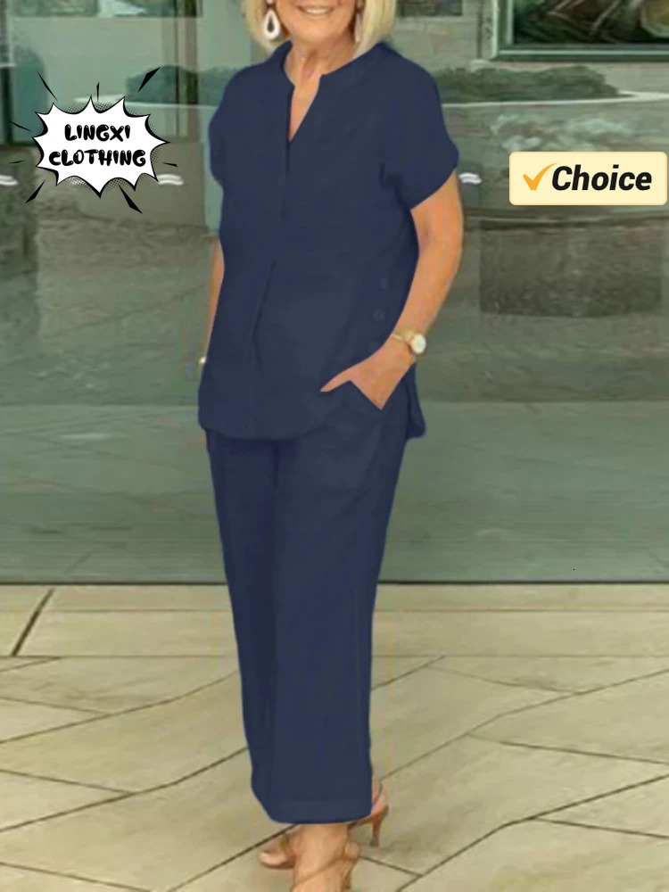 Summer fashion womens matching series V-neck short sleeved top elastic waist wide leg pants cotton linen two-piece set 250401