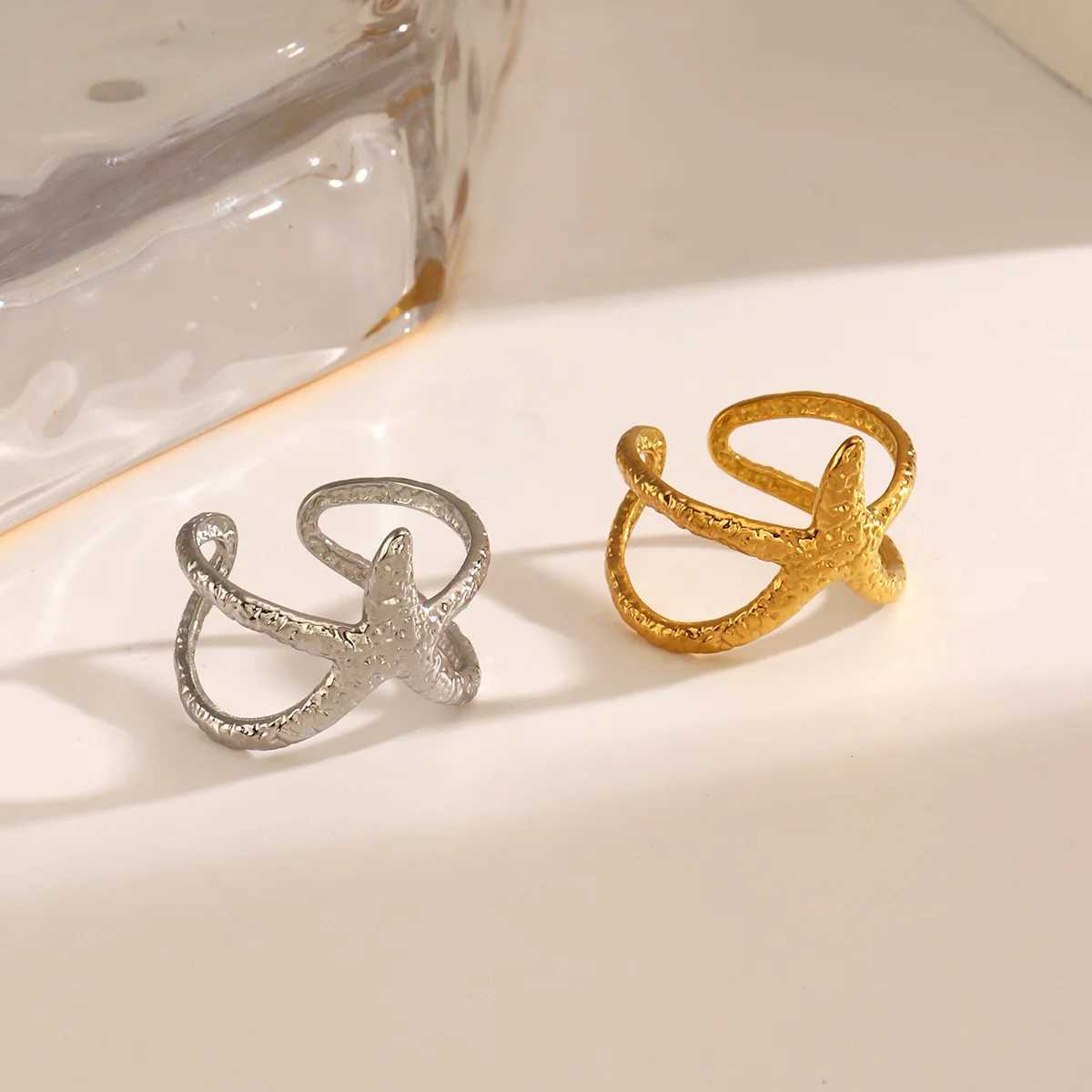 LATS Beach Style Stainless Steel Starfish Open Ring for Women Men Metal Waterproof Fashion Gold Silver Color Jewelry Gift Z250407