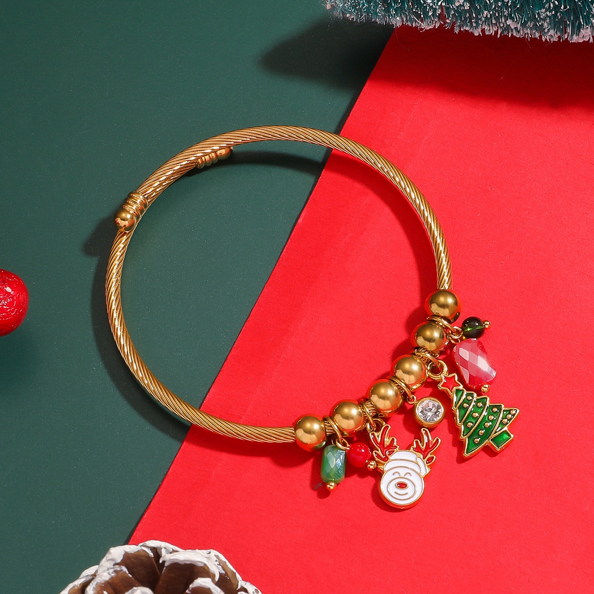 Stainless Steel Bracelet Santa Claus Elk Bell Wreath Bracelet 18k Gold Plated Handmade Christmas Gift