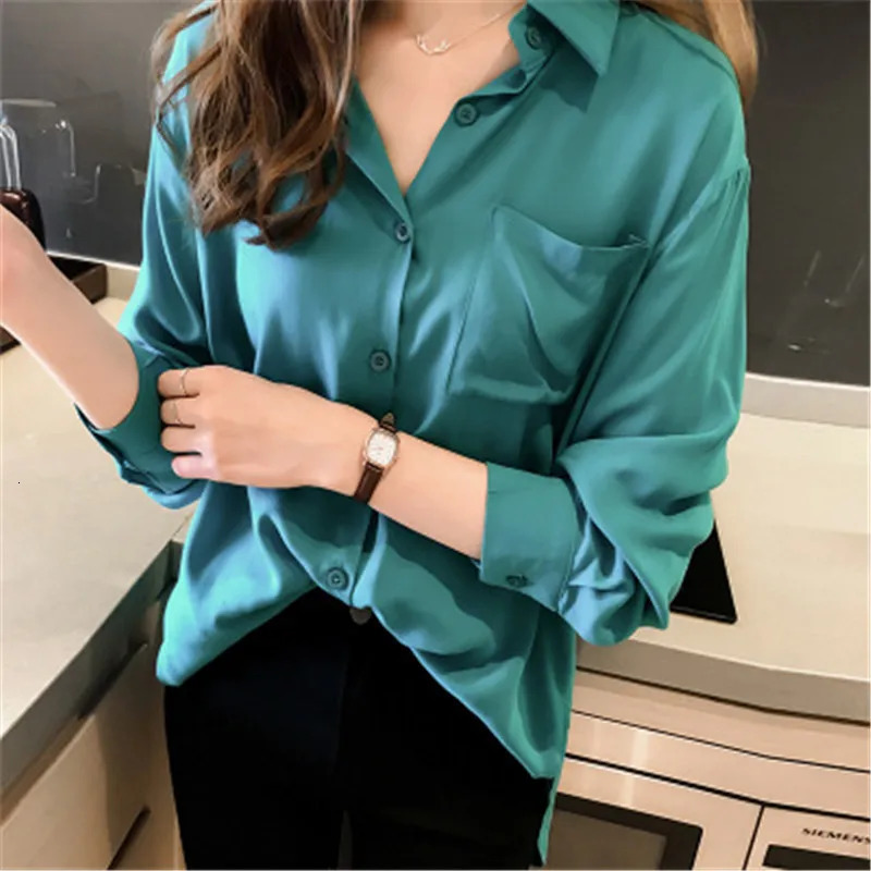 Blusa Womens Shirt Elegant Red Green Satin Shirt Collar Womens Formal Office OL Shirt Womens Top PZ1149 250402