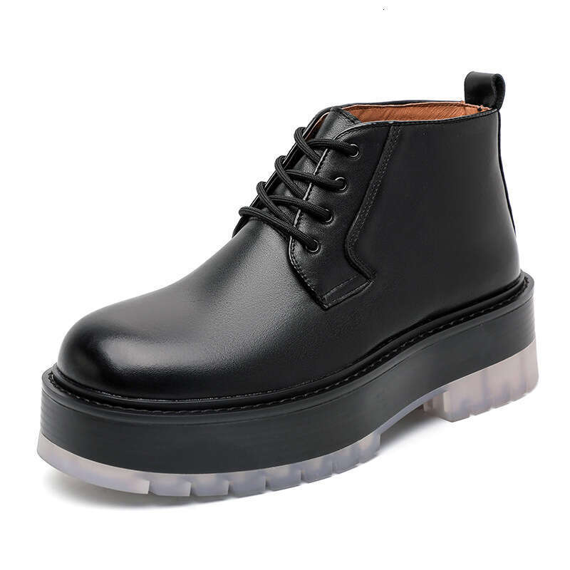 Transparent thick sole height increasing big head casual leather shoes for men with a sense of luxury 2022 British style versatile lace up black short