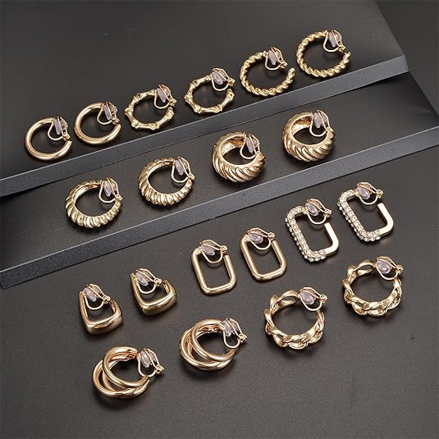 10 Pairs Clip on Hoop Earrings for Women Men Twist Round CZ Chunky Hoop Clip Earring No Piercing Fake Earrings Sets Gold Tone