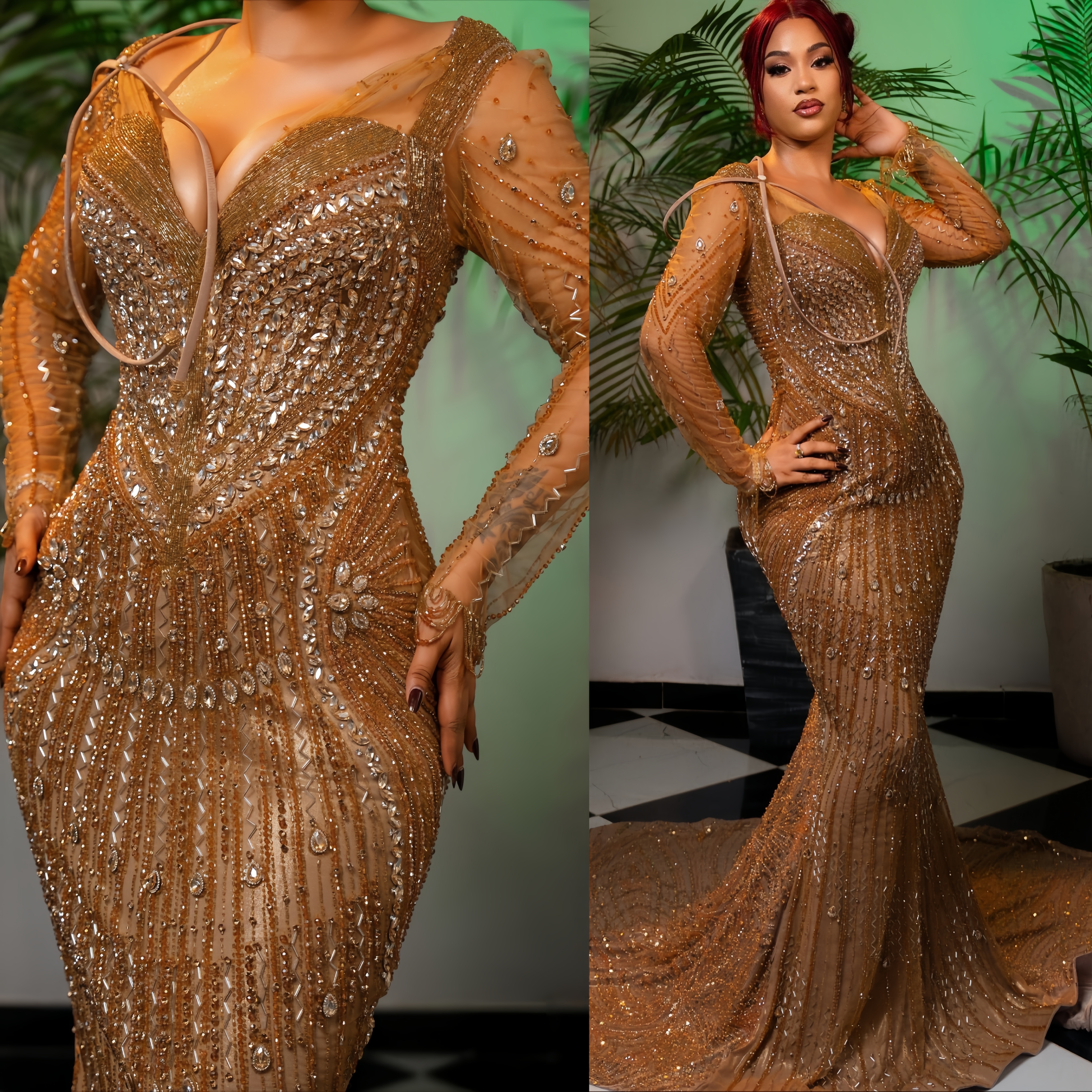 Brown Mermaid Prom Dresses 2026 Illusion Crystals Deep V-neck Sparkly Evening Formal Party Second Birthday Engagement Gowns Plus Size Dress For Specia