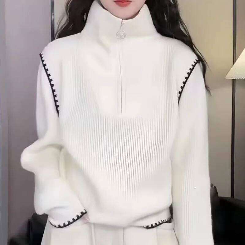 Autumn And Winter New Semi-Zipper Sweater Turtle Neck Women's Joker Loose Padded Knit Top Designer Sweater Bear Sweater