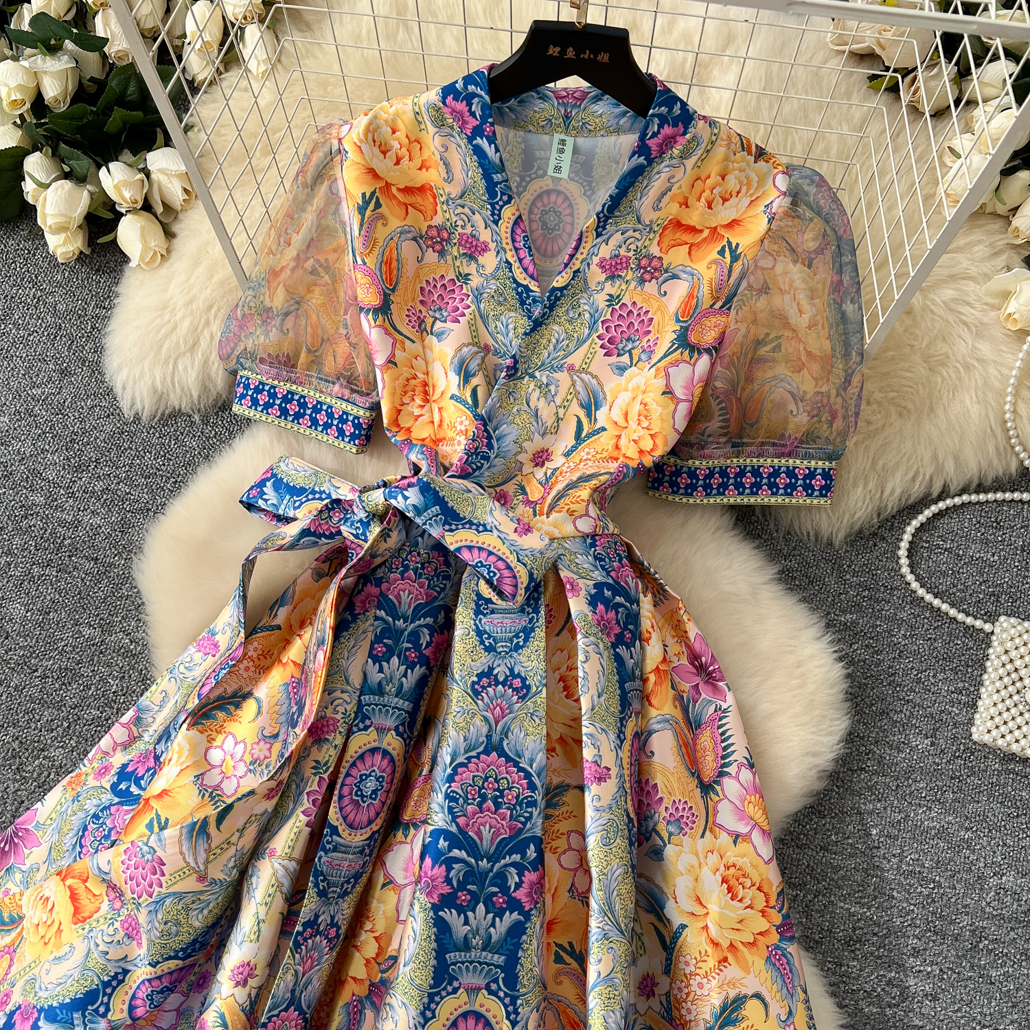 Casual Dresses Summer French Gorgeous Flower Holiday Long Dress Women's V-Neck Short Puff Sleeve Lace Up Vintage Maxi Robes Party Vestidos Clothe