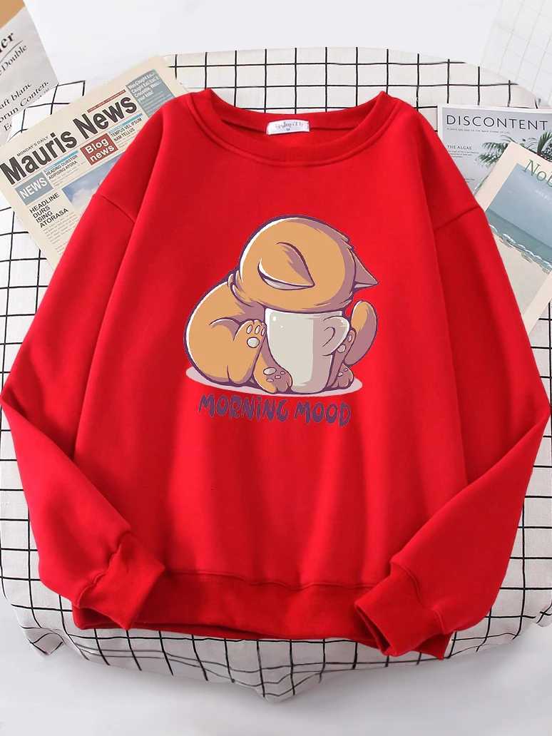 Cat Is Looking At The Cup Lovely Sweatshirt Female Fashion Fleece Hoody Crewneck Casual Hoodies Pullover Oversize SportswearT251105