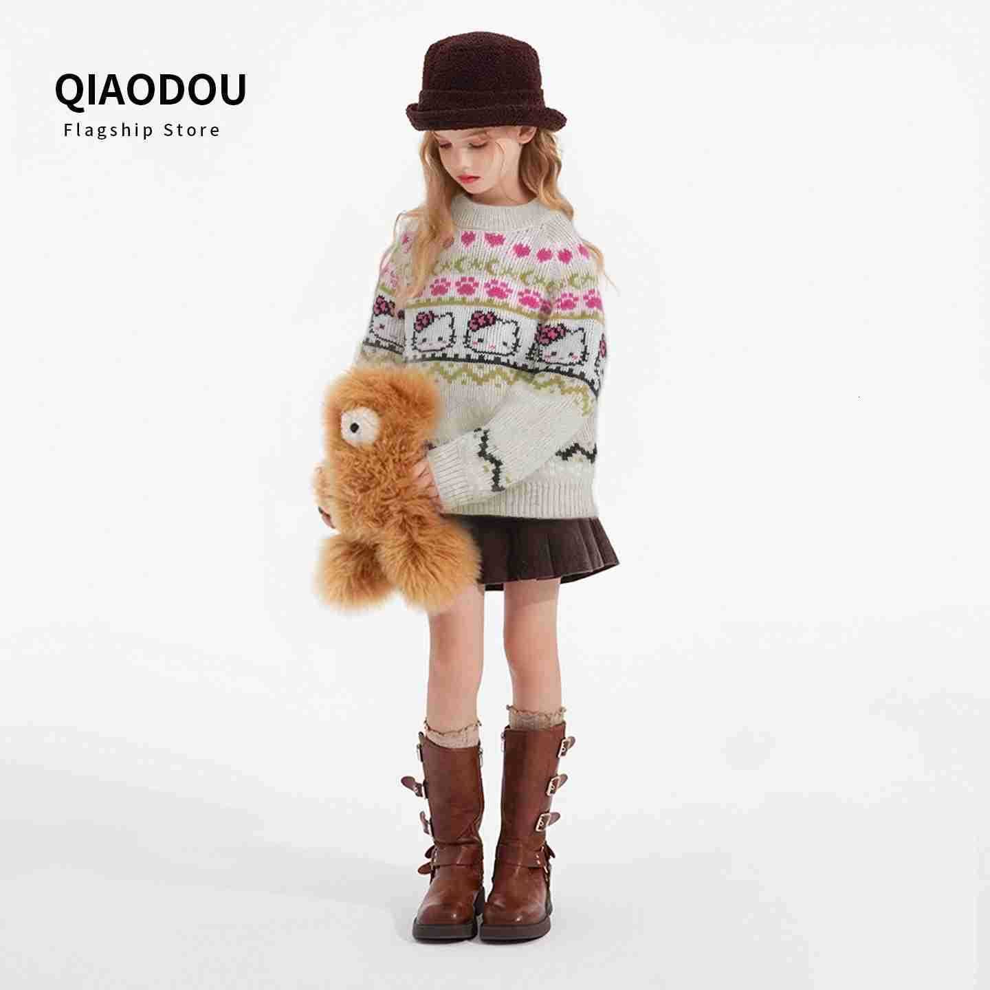 Sanrio Girls Sweater Autumn Winter 2025 New Stylish Childrens Winter Thickened Warm KT Cat Knitted Base Shirt H251105