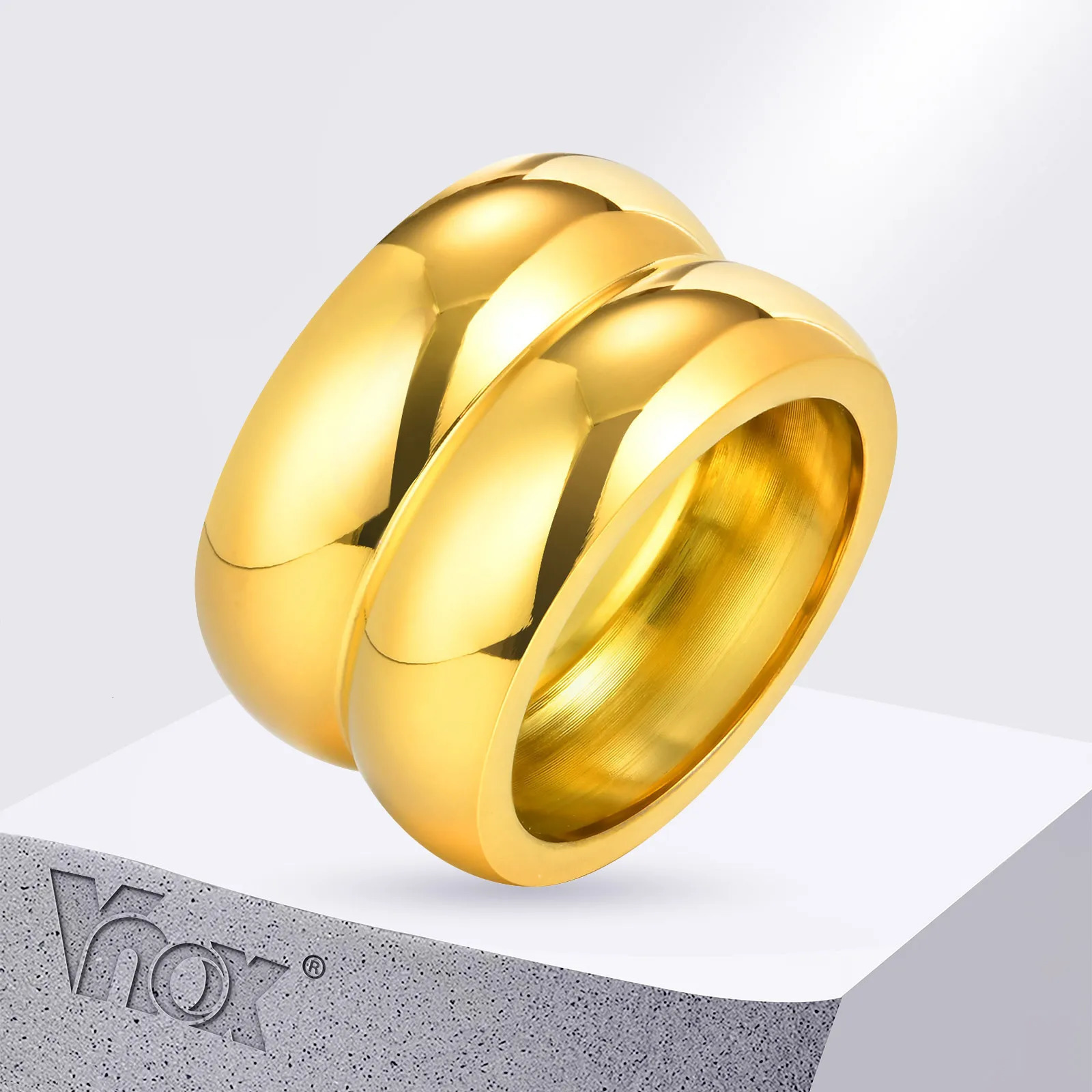 Vnox Smooth Gold Plated Wide Chunky Rings For Women MenStainless Steel Simple Double Layer RingsUnisex Jewelry Waterproof 251031