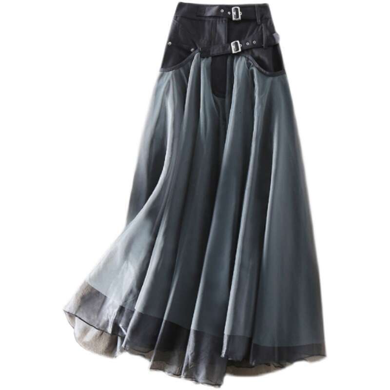 Spring Autumn Korean And Japanese Style New Patchwork Mesh High Waist Midi Slimming Mid-Length A-Line Flared Skirt B5