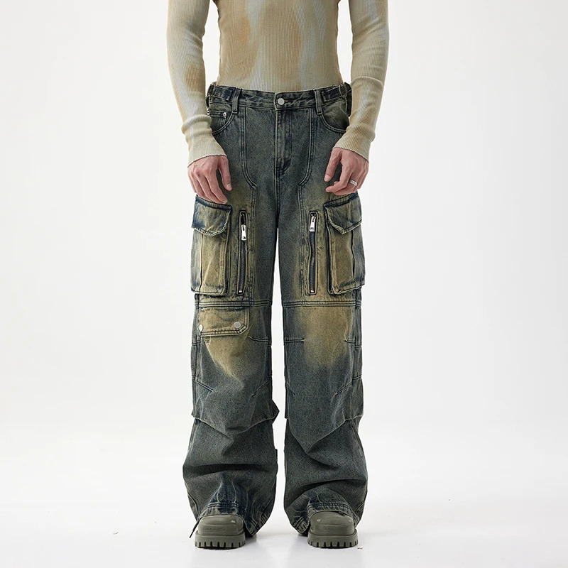 lightweight American street heavyweight jeans mens fashion retro multi pocket work pants mens loose wide leg pants 250402