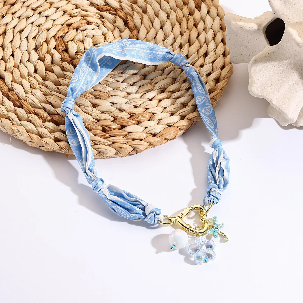 Bohemian Print Scarf Choker Retro Love Pearl Flowers Pendant Short Necklace For Women Fashion Handmade Jewelry 251031