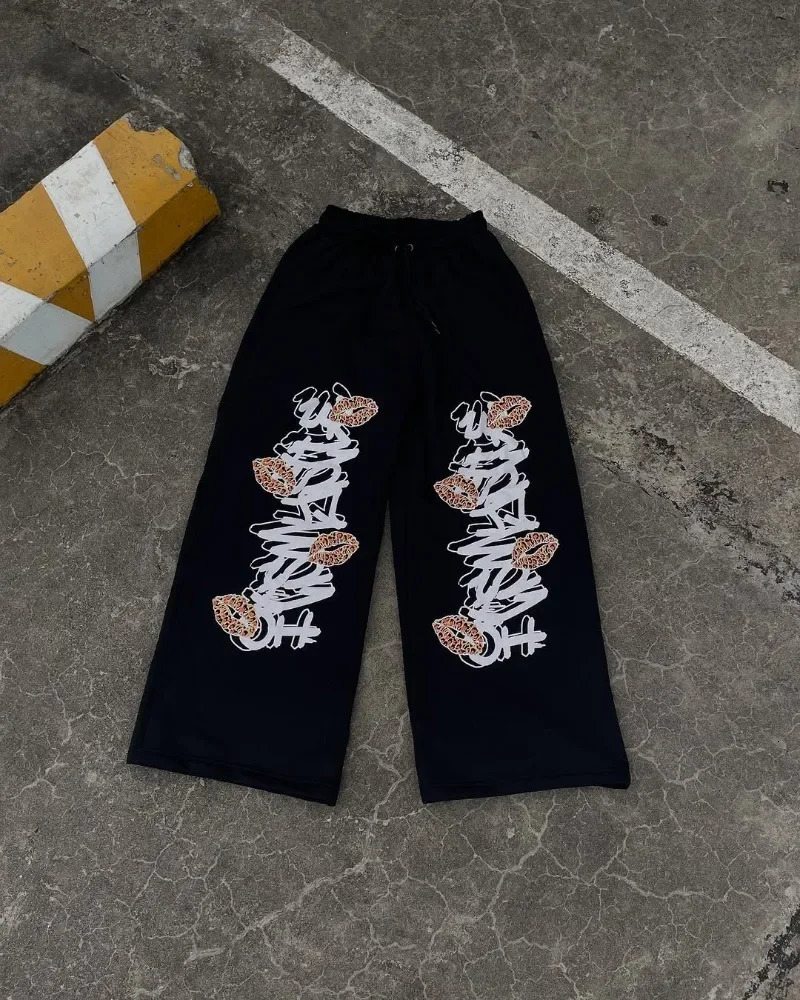 Harajuku Retro Fashion Printed Trouser Mens Y2k Gothic Trendy High Street Casual Loose High Waist Oversized Pants Womens 250402
