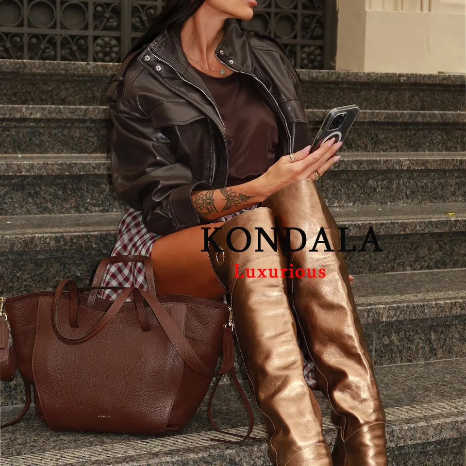 KONDALA Streetwear Chic Brown Leather Jackets Women Long Sleeve Pockets Elastic Coats Fashion Autumn Winter Y2K Outwears 251104