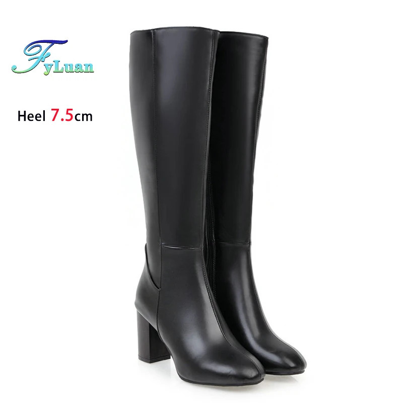 Plus Size 48 Square Toe Knee High Boots Women Side Zipper Winter Warm Long Shoes Comfort Thick Heel 75CM Black Leather Boots 251031