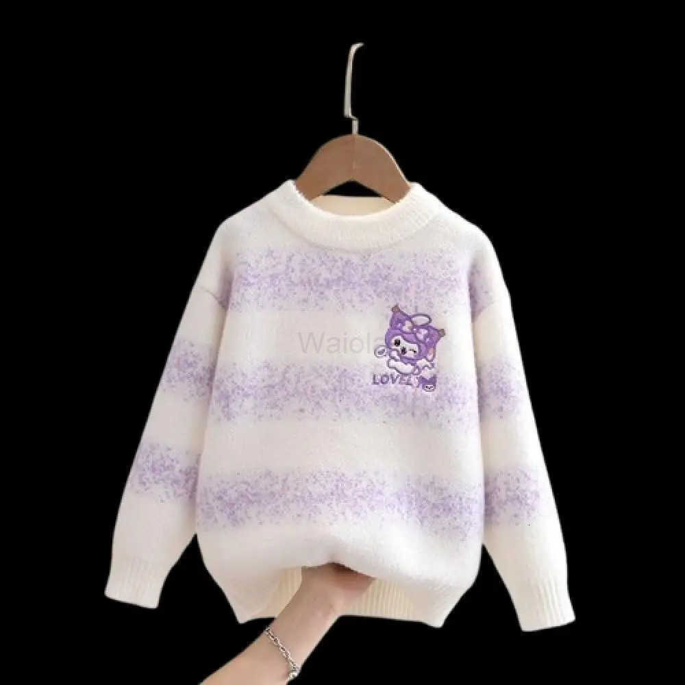 Sanrio Kuromi Girls Knitted Sweater Gradient Stripes Base New Style Kawaii Autumn Winter Childrens Pullover Cartoon Tops Coats H251105