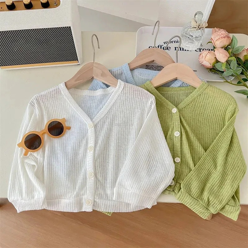 Girls summer thin cardigan wool sweater breathable outdoor childrens sunscreen set Coats solid baby air conditioning clothing 250325z