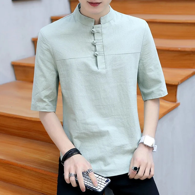 short sleeved T-shirt for mens teenage trend Chinese style button up summer T-shirt 250402
